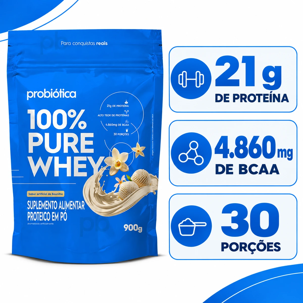 100% Pure Whey Refil 900g - PROBIÓTICA, foto 3