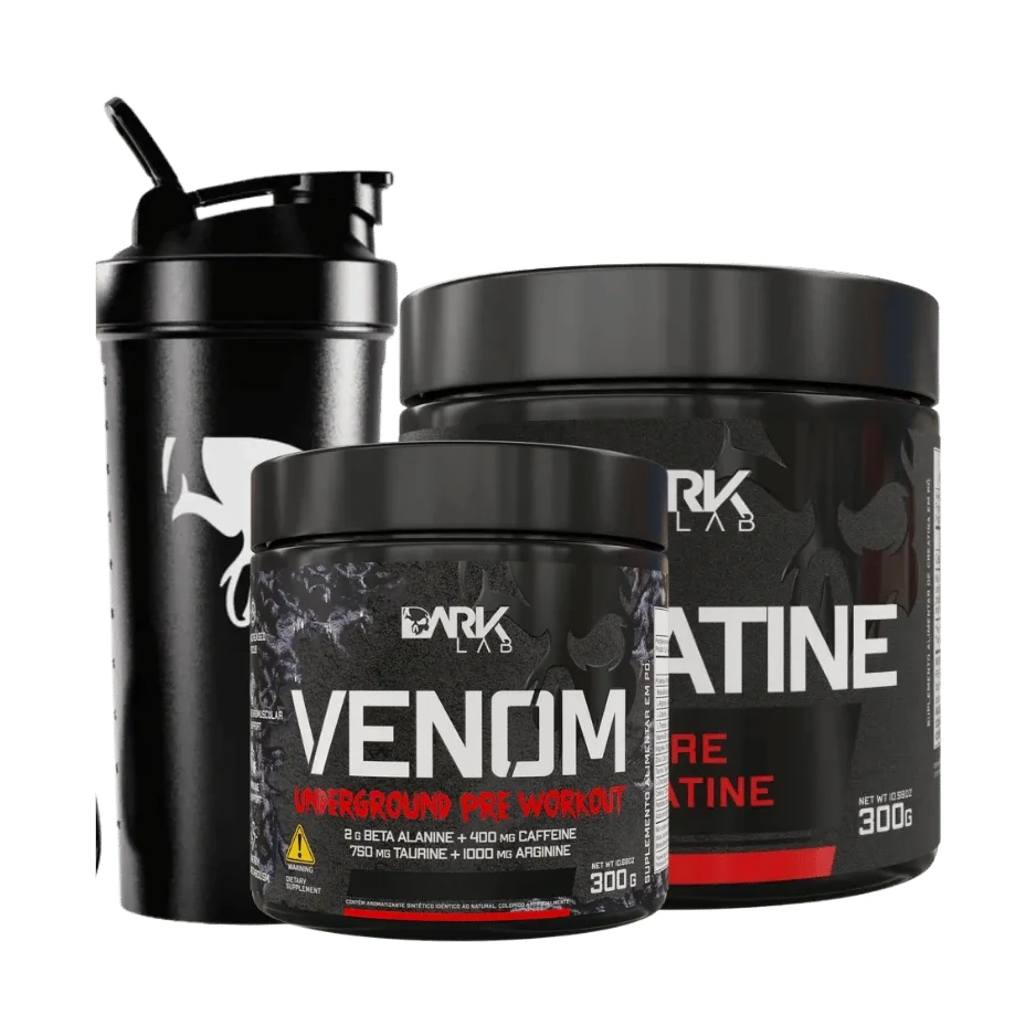 Kit Caveira — Creatina 300g + Pré-Treino Venom + Coqueteleira · Dark Lab