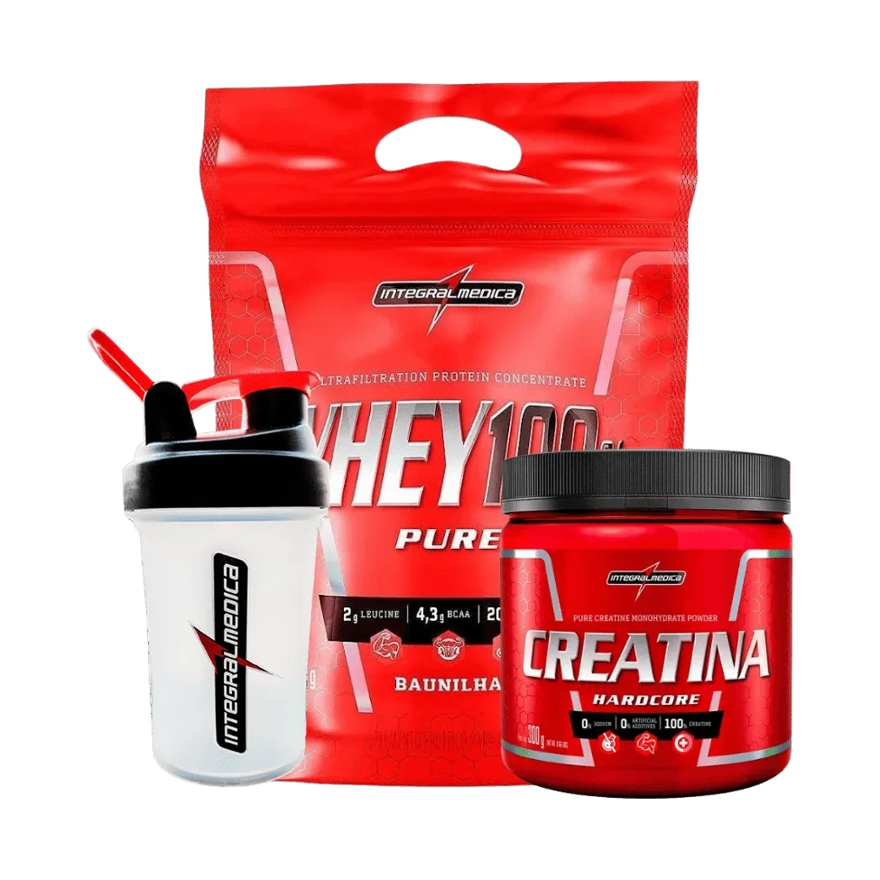 Kit Hardcore — 100% Pure Whey + Creatina 300g + Coqueteleira · Integralmédica