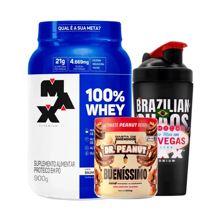 Kit Vegas — 100% Whey 900g + Pasta de Amendoim + Coqueteleira · Max Titanium